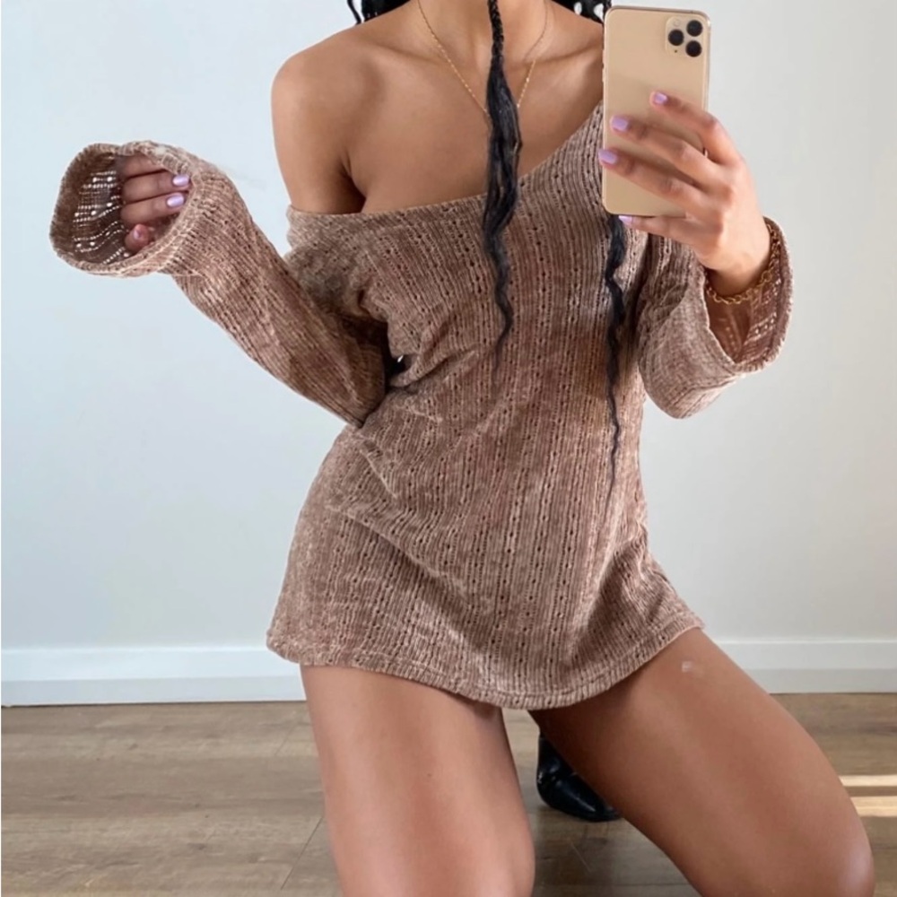 Brown Ribbed Knit Dress